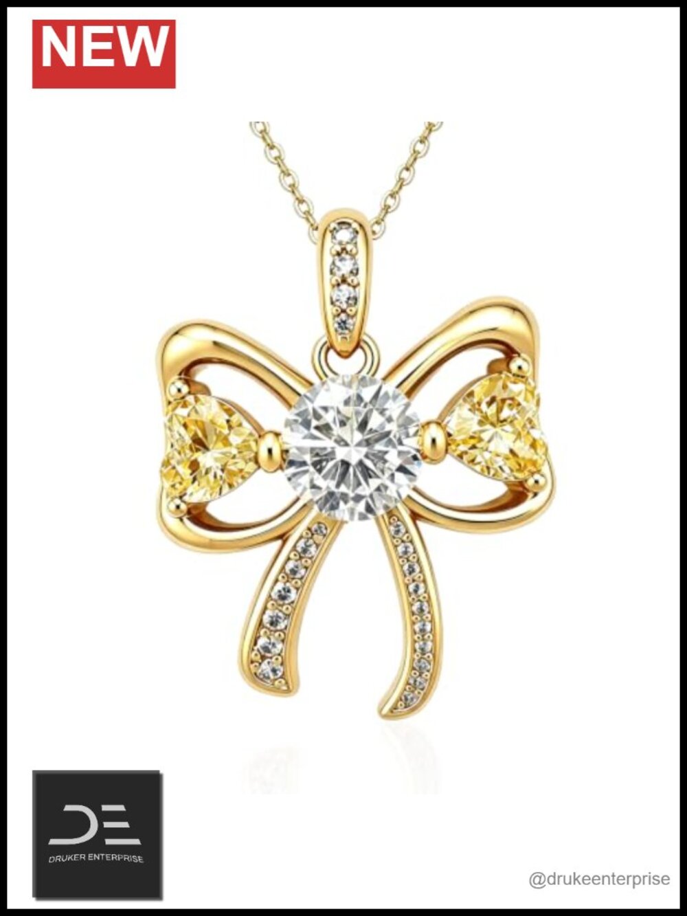 18K Gold Plated Bow Pendant Necklace with Sparkling CZ Stones, Lobster Clasp,